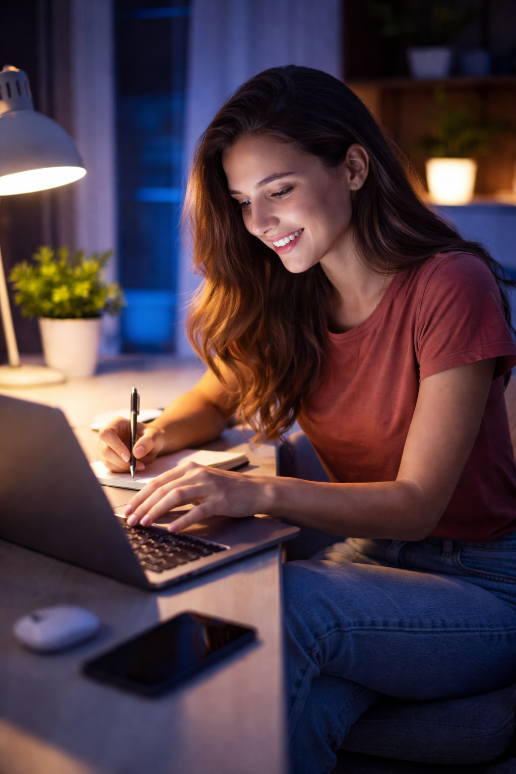 Smiling young woman with long hair writing notes while working on a laptop at a desk in a cozy, dimly lit room.