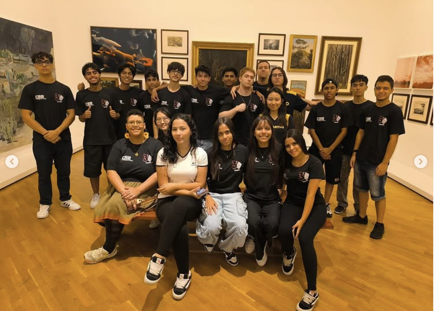 Turma de alunos do ensino médio posa para foto em grupo durante visita a um museu de arte. Estudantes usam camisetas personalizadas escolares e estão cercados por obras e quadros emoldurados, compondo um ambiente cultural e educativo. O cenário de piso amadeirado e iluminação quente destaca o clima de imersão artística e valorização da cultura. A imagem retrata a importância da vivência cultural na formação dos estudantes.
