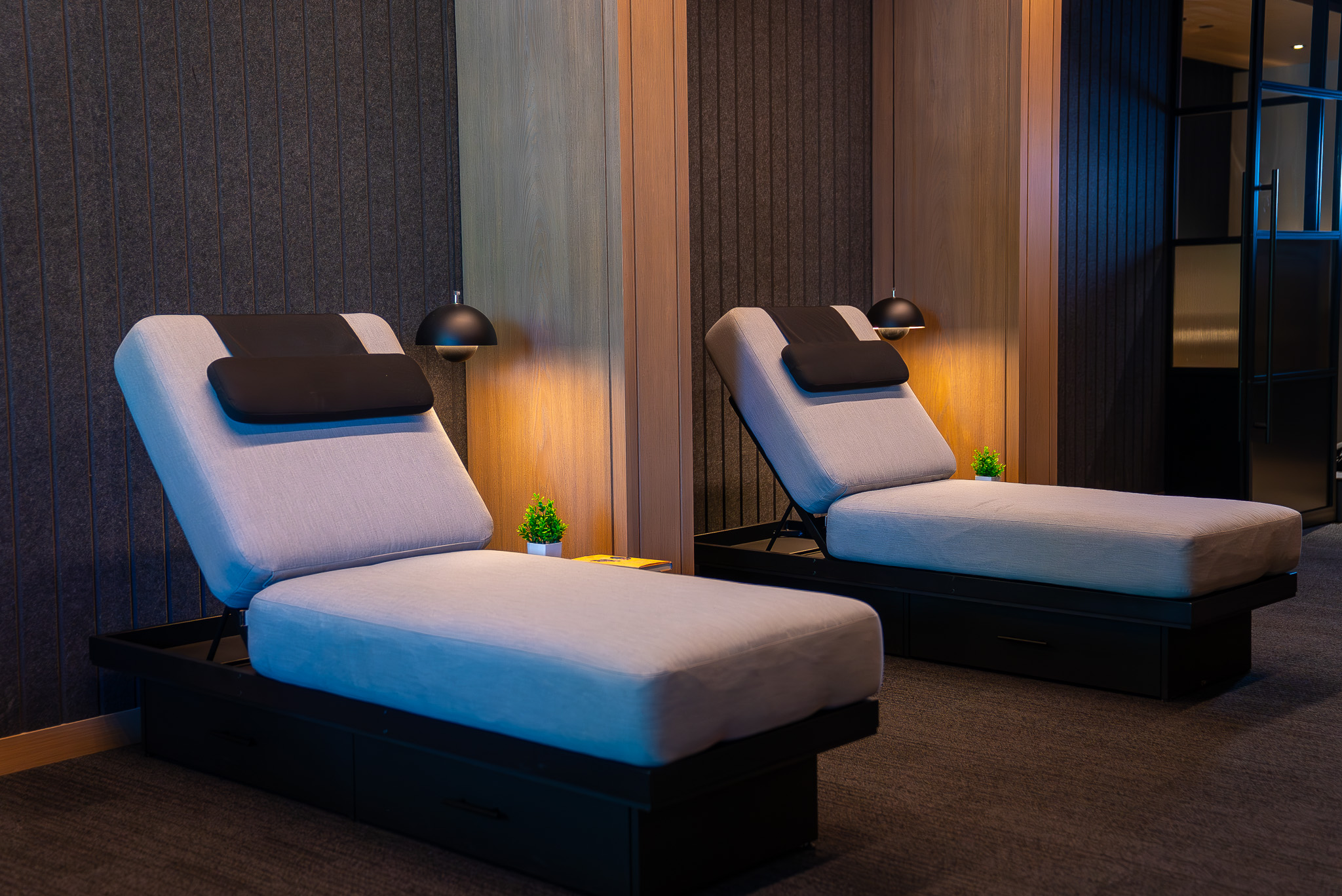 Recovery Lounge beds available for members to use for Normatec Sessions