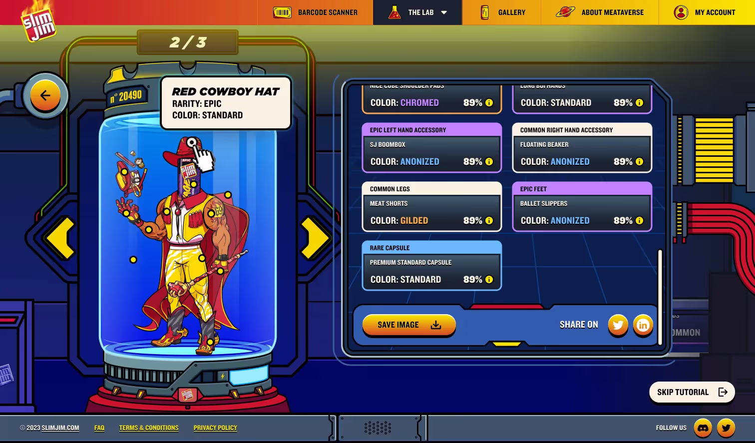 The Slim Jim Meataverse character screen