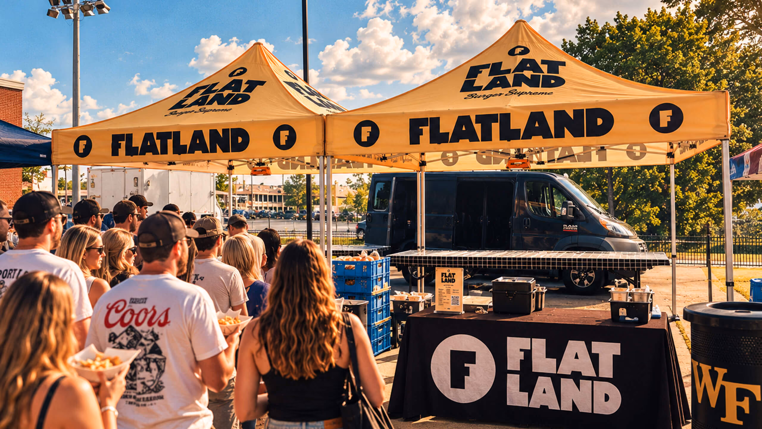 Crowd lined up at the Flatland pop-up tent