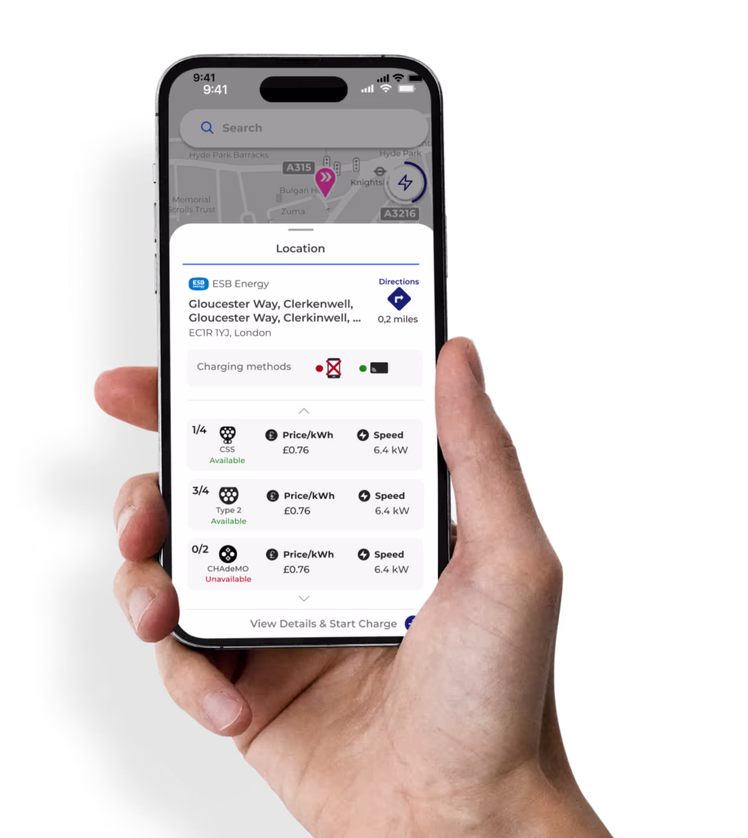 A screenshot of the Paua app on an iPhone displaying information about an EV charging station. The app shows the station's location, charging methods with availability and pricing, and an option to view details and start charging.