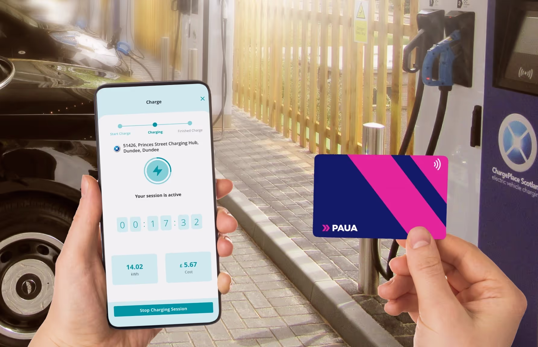 Person holding a smartphone with the Paua app showing an active EV charging session at a ChargePlace Scotland location, alongside a Paua charge card and a charging electric vehicle.
