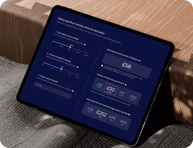 Salary sacrifice calculator on an iPad Pro mockup with a wooden table in the background