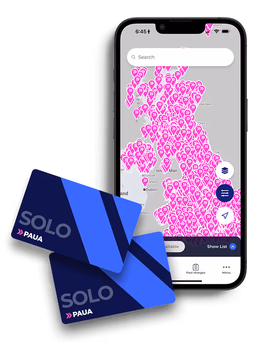 Screenshot of the Paua Solo app map view showing multiple EV charging locations, with the Paua card interface visible — illustrating how users can locate and access charging points.