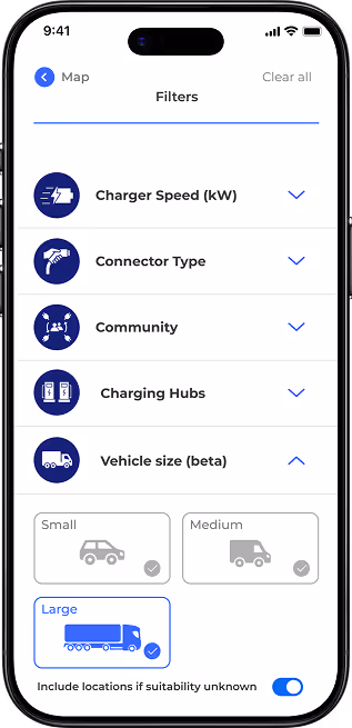 Screenshot of the Paua app displaying a filter interface for electric vehicle charging stations, featuring options to sort by connector type, charging speed, and availability.