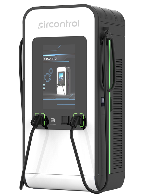Circontrol electric vehicle charging station with dual charging cables and digital display screen.