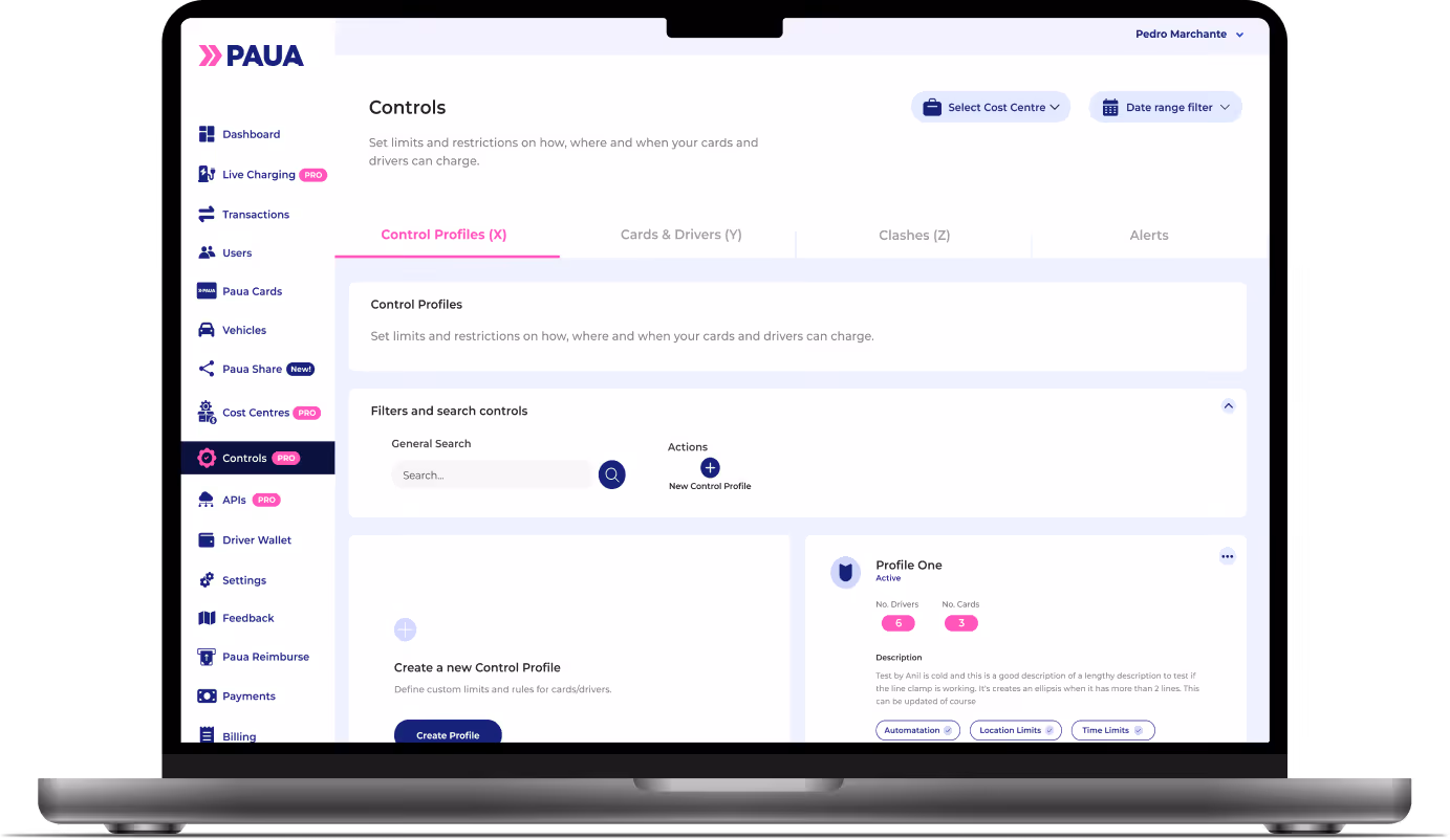Paua EV charging controls graphic showing the Paua fleet dashboard control panel with settings, filters, and operational options for managing electric vehicle charging — illustrating how fleet managers and businesses can customise charging rules, monitor station performance, and optimise energy usage across their EV fleet.
