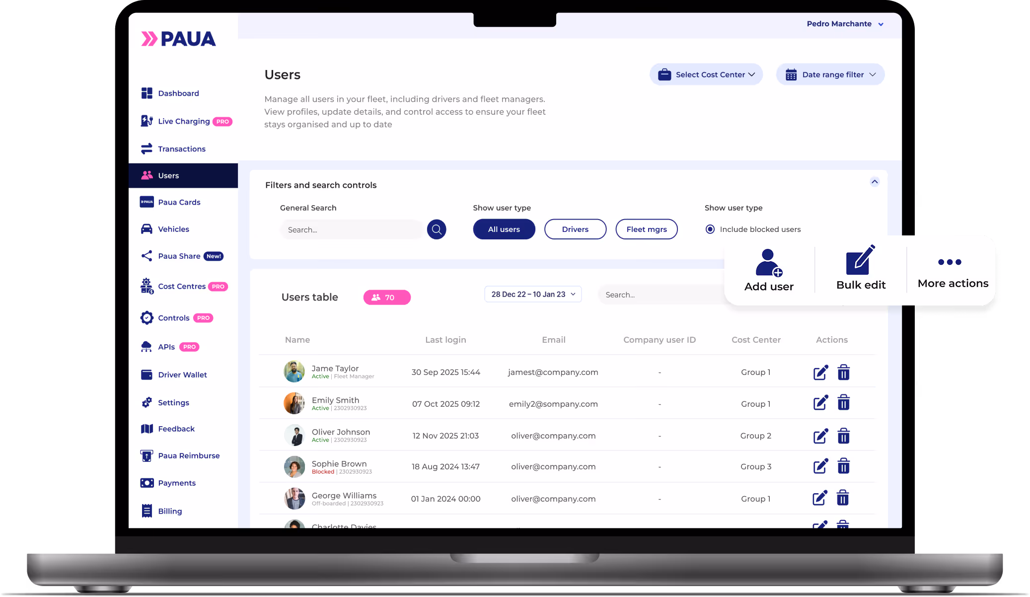 Paua EV charging fleet management graphic highlighting the Paua fleet dashboard with vehicle charging metrics, network integration, and operational controls — showing how fleet managers can centralise electric vehicle charging, monitor performance, optimise energy use, and streamline charging operations across their entire fleet.