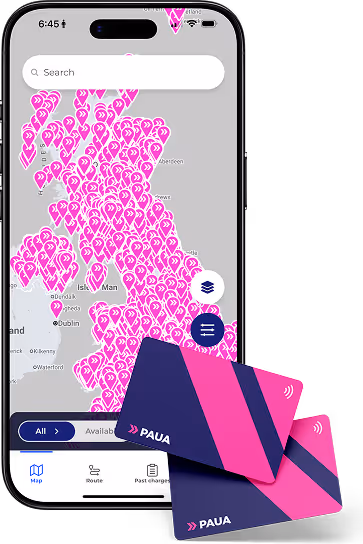 Paua app screen showing a Paua Access card interface — a digital EV charging access card with Paua branding, card number placeholder, and a minimal dark app background.