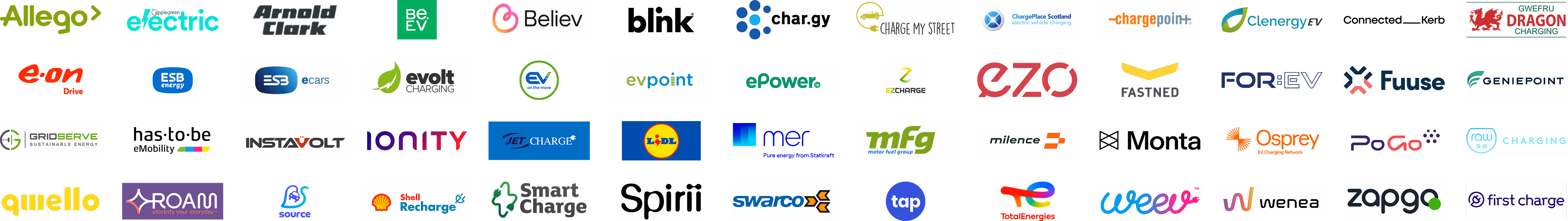 A collection of logos from various Paua partners in the electric vehicle (EV) charging industry, including InstaVolt, MFG, Osprey, Chargepoint, Ionity, GeniePoint, Fastned, First Charge, Shell Recharge, Gridserve, etc.