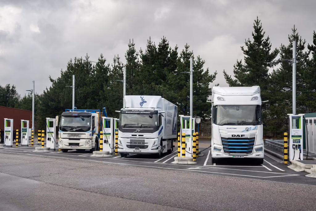 3 DAF trucks at a gridserve chargepoint location