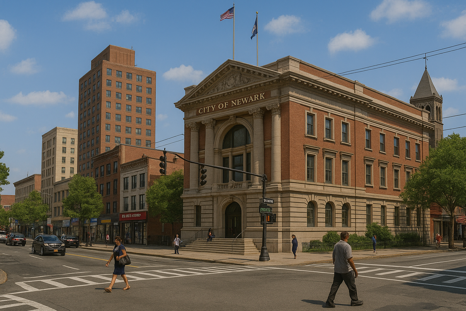 AI generated image of Newark buildings from street view