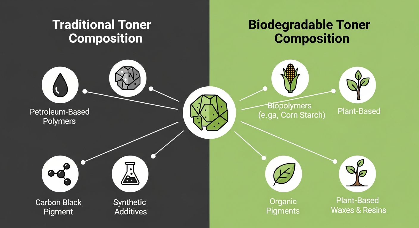 A comparative diagram showing the ingredients of traditional toner versus biodegradable toner. Traditional toner is made of petroleum-based polymers, synthetic additives, and carbon black. Biodegradable toner is made of biopolymers, organic pigments, and plant-based waxes.