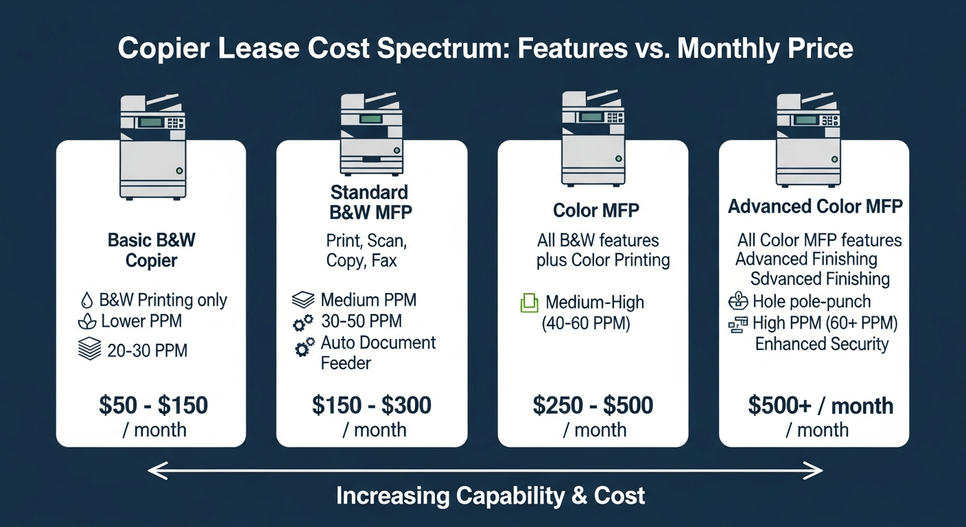 An infographic chart comparing four types of office copiers and their average monthly lease costs. It shows that as features like multifunctionality, color, and speed are added, the cost increases, ranging from $50-$150 for a basic B&W copier to $500+ for an advanced color MFP.