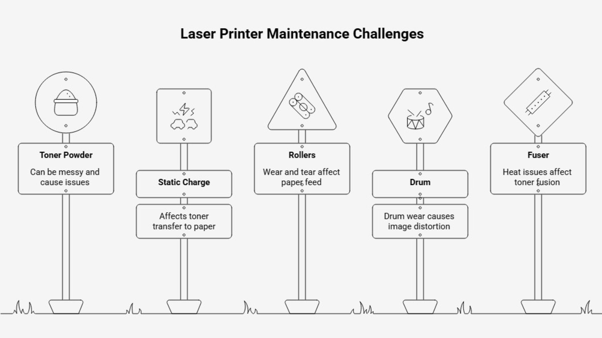 ALT: Laser printer maintenance challenges infographic showing toner powder, static charge, rollers, drum wear, and fuser issues that affect print quality and reliability.