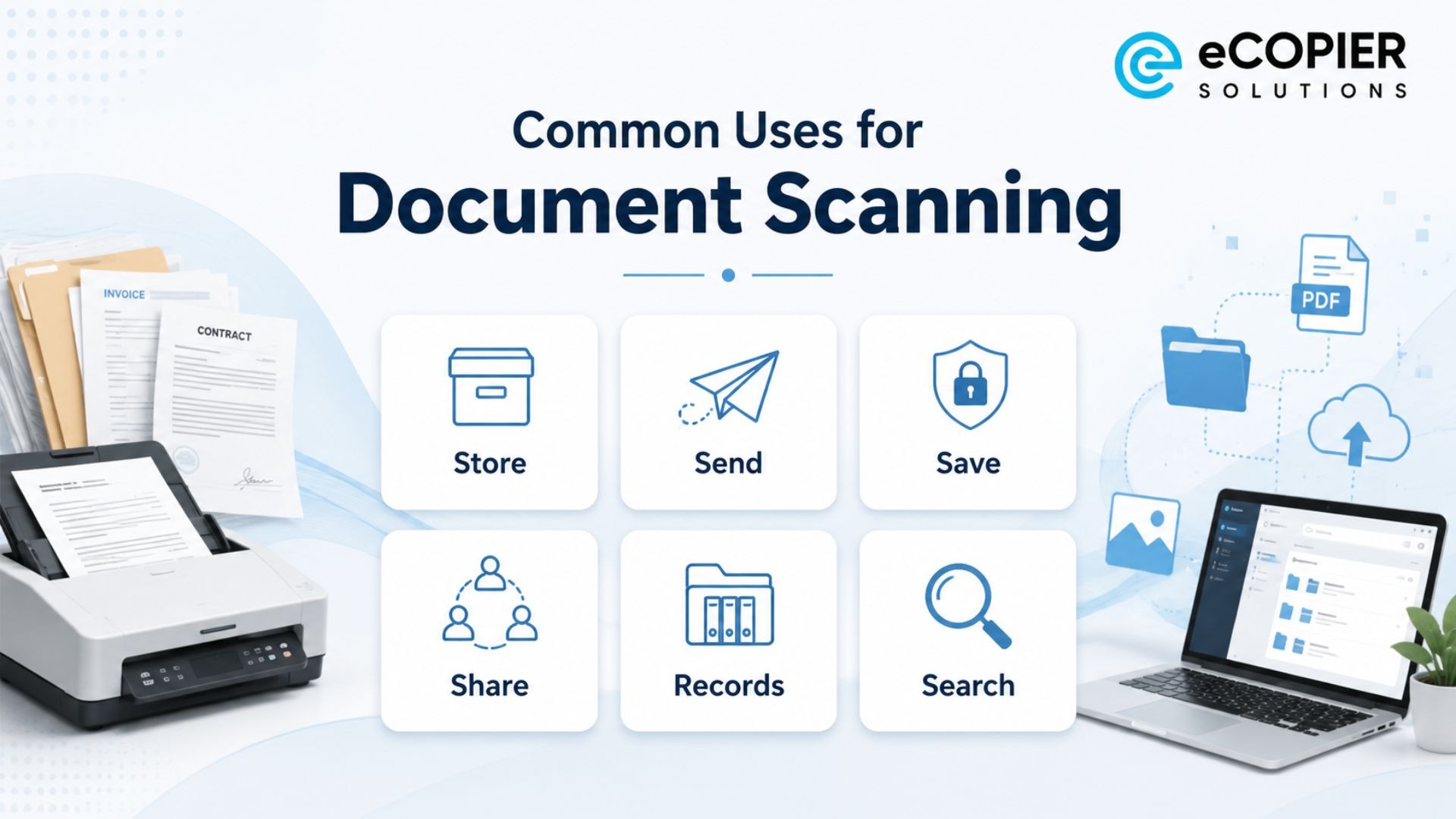 Illustration showing common uses of document scanning for digital files.