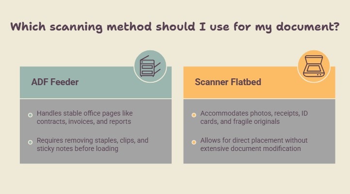  A comparison graphic shows an ADF feeder and a scanner flatbed as two document-scanning options. The ADF is recommended for stable office pages such as contracts, invoices, and reports, with staples, clips, and sticky notes removed first. The flatbed is presented as the better choice for photos, receipts, identification cards, and fragile originals because documents can be placed directly on the glass.