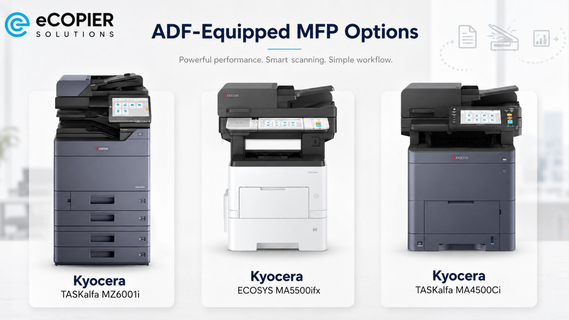 Three Kyocera multifunction copiers are displayed side by side in separate product panels. The lineup includes the TASKalfa MZ6001i, ECOSYS MA5500ifx, and TASKalfa MA4500Ci, each shown with an automatic document feeder and control panel. The machines vary in size, color, and paper capacity, which helps illustrate different ADF-equipped MFP options for office scanning, copying, and printing.‍
