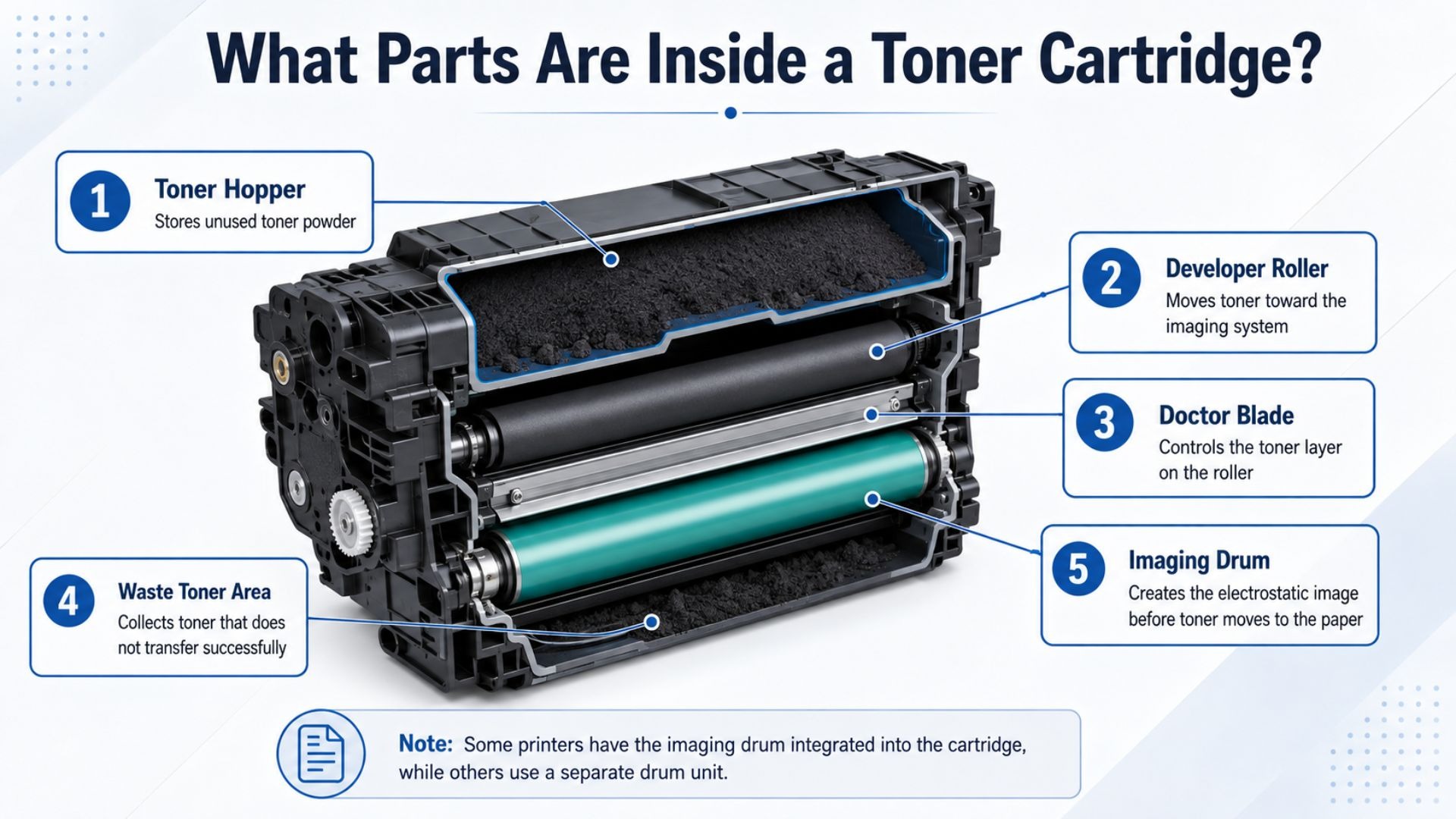 Cutaway diagram of a toner cartridge showing its main internal components and how they support the laser printing process. Labeled parts include the toner hopper for storing toner powder, developer roller for moving toner, doctor blade for controlling the toner layer, waste toner area for collecting unused material, and imaging drum for creating the electrostatic image. The diagram also shows that some printer designs integrate the imaging drum into the toner cartridge, while others use a separate drum unit.
