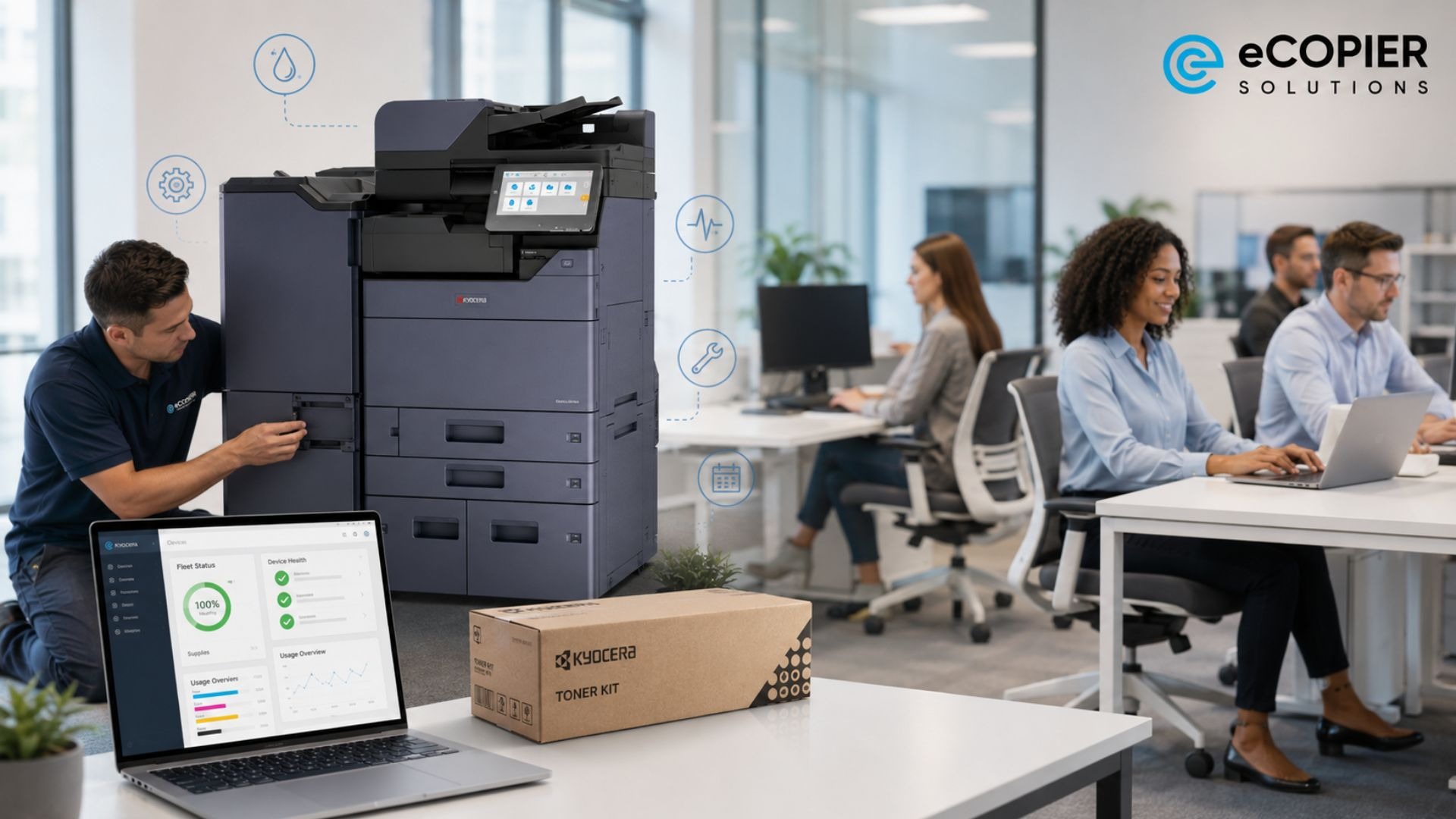 An office technician services a large Kyocera multifunction printer while employees continue working at nearby desks. A laptop displays a remote fleet-monitoring dashboard, and a boxed toner kit sits beside the printer to represent supply management and ongoing maintenance. Small service icons around the machine highlight diagnostics, repairs, toner support, and scheduled printer care in a modern office environment.
