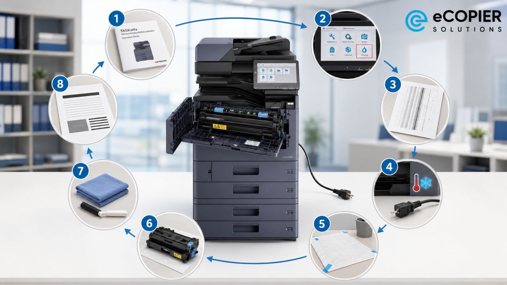 An eight-step laser printer cleaning workflow surrounds an open multifunction printer on a bright office worktable. The sequence shows checking the model manual and cleaning menu, printing a marked test page, unplugging and cooling the printer, preparing the workspace, removing the toner cartridge, and cleaning with a microfiber cloth and roller tool. The final step displays a clean test page to confirm improved print quality after the printer is reassembled.