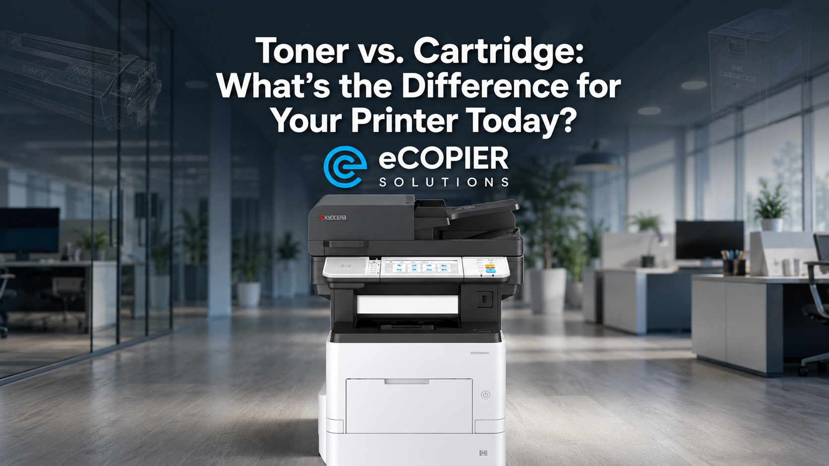 A modern office features a Kyocera multifunction laser printer positioned prominently in the center of the workspace. The printer includes a document feeder, control panel, paper output area, and lower paper tray for everyday office printing.