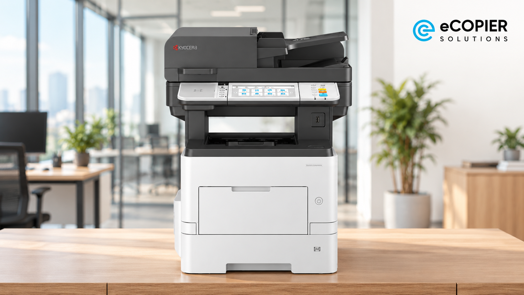 A black and white multifunction laser printer sits on a light wooden cabinet in a bright, modern office. The front view shows its automatic document feeder, touchscreen control panel, paper output tray, and lower paper drawer. Large windows, glass partitions, desks, and potted plants fill the softly blurred background.