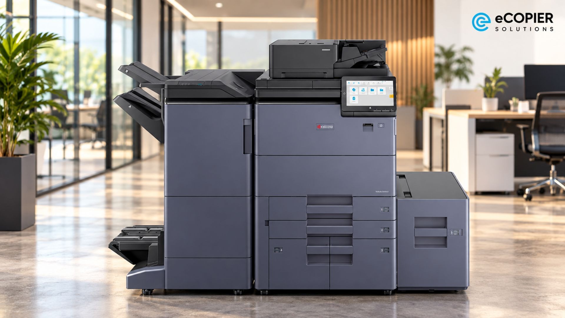 The Kyocera TASKalfa MZ10500i high-volume monochrome multifunction printer is shown in a contemporary office. It features a large touchscreen, automatic document feeder, finishing trays, and several high-capacity paper drawers. The floor-standing machine is designed for offices that produce large quantities of black-and-white documents.