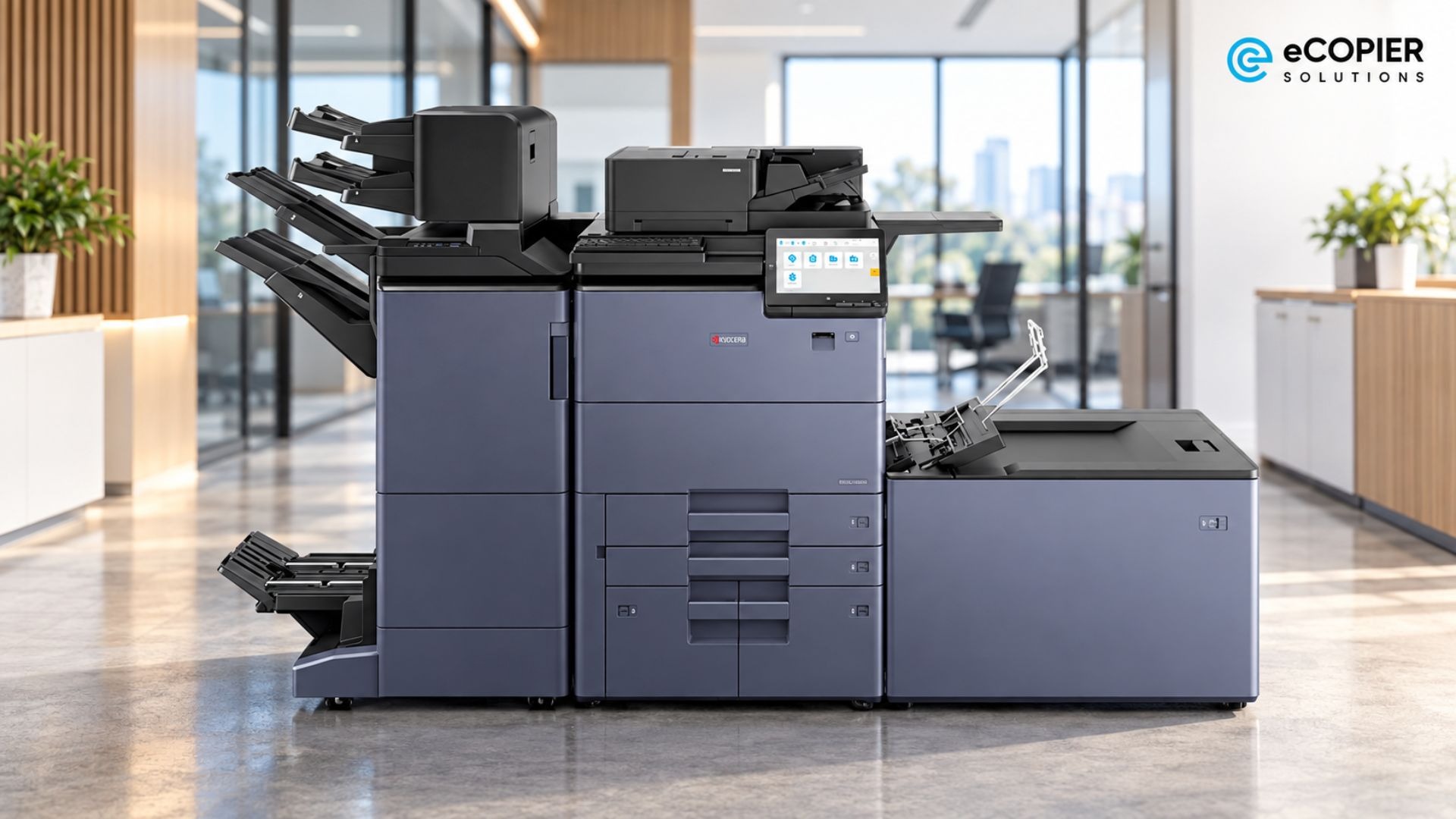 The Kyocera TASKalfa MZ9500ci color multifunction printer stands in a spacious office with glass walls and natural light. Its configuration includes a touchscreen control panel, multi-bin finishing system, document feeder, and large-capacity paper unit. The machine supports high-volume business printing, scanning, copying, and document finishing.