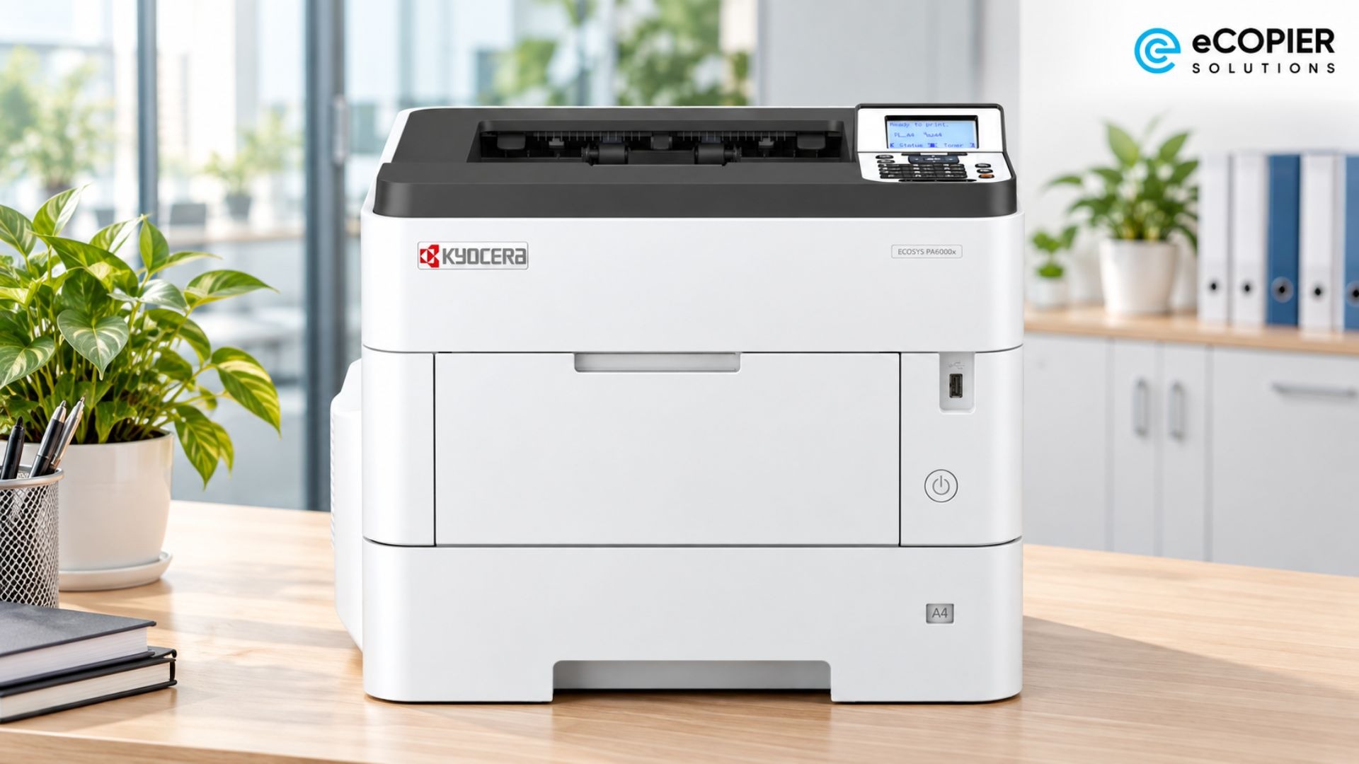 The Kyocera ECOSYS PA5500x monochrome laser printer sits on a wooden desk in a bright office. Its compact white body includes a top output area, status display, control keypad, front paper drawer, and USB port. The desktop design suits workgroups that need fast black-and-white document printing without a large floor-standing machine.