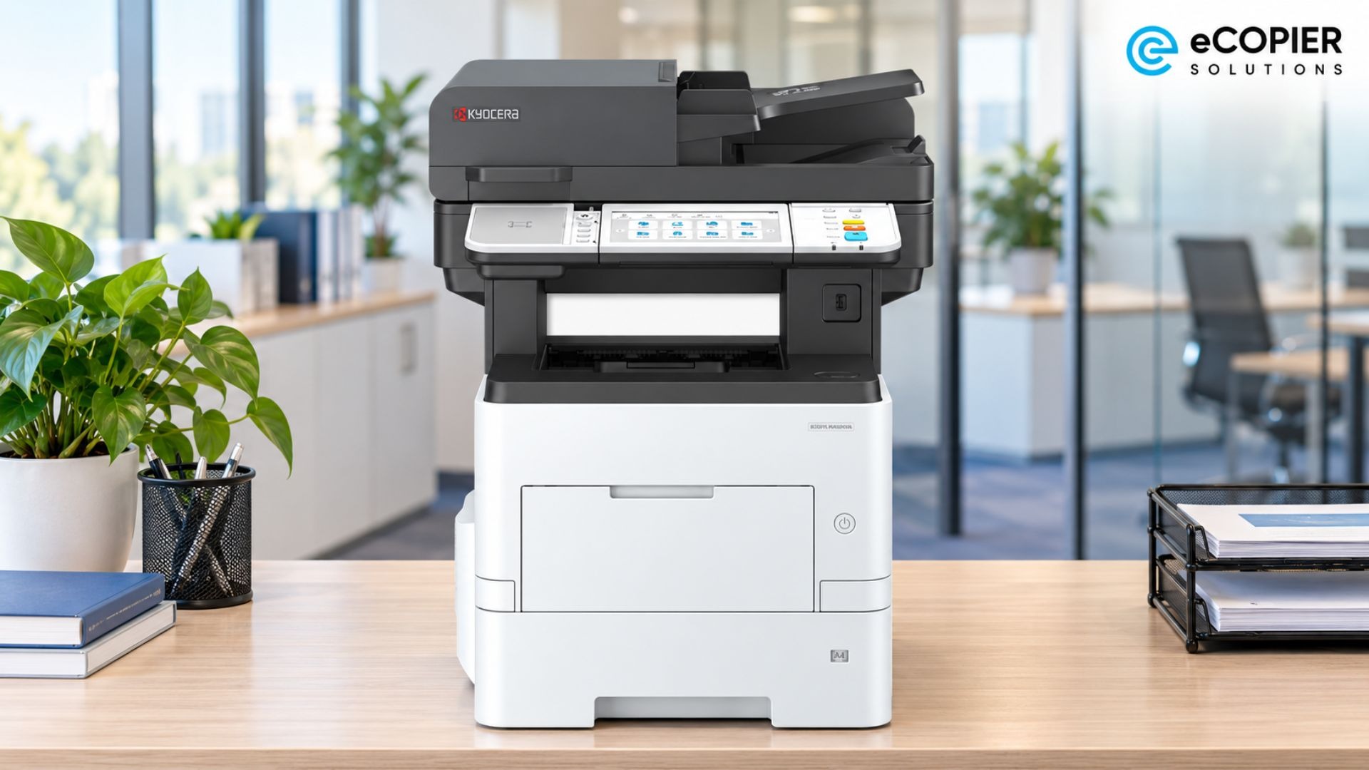 The Kyocera ECOSYS MA5500ifx multifunction laser printer is displayed on an office desk beside plants, books, and document trays. The machine combines an automatic document feeder, scanner, control panel, output area, and front paper drawer in one compact unit. It is designed for workgroups that need fast printing, copying, scanning, and fax functions from a desktop device.