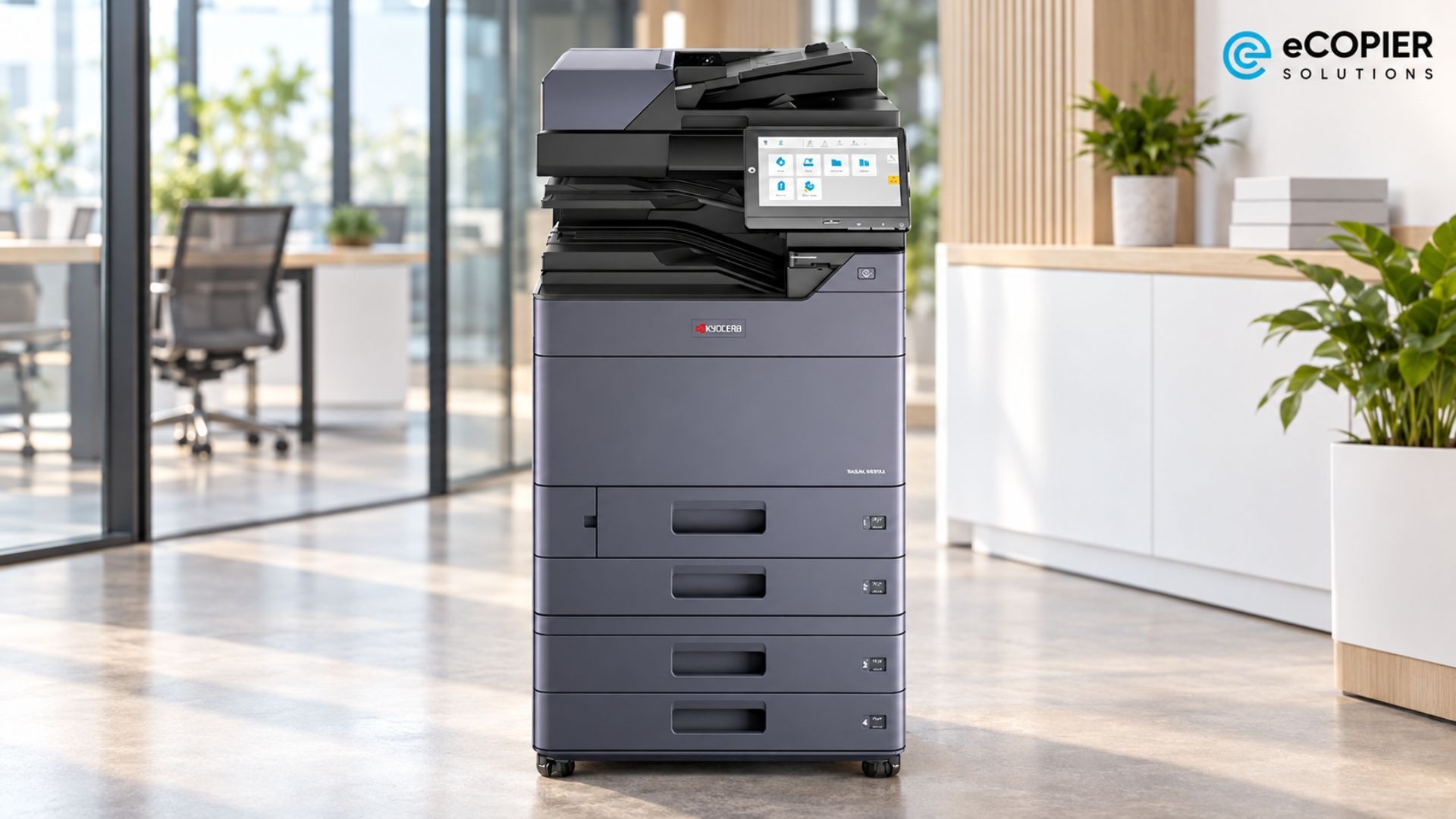 The Kyocera TASKalfa MZ6001i is presented as a tall, floor-standing office multifunction printer. It includes an automatic document feeder, large touchscreen panel, internal output area, and four paper drawers. The compact vertical configuration suits busy offices that need fast black-and-white printing, copying, and scanning.
