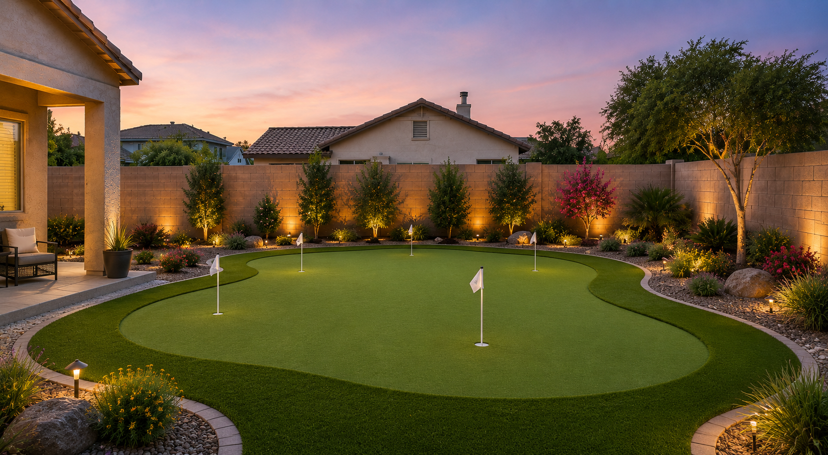 Backyard putting green installation after transformation
