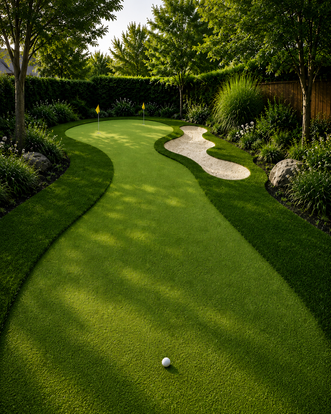 Artificial turf backyard chipping area