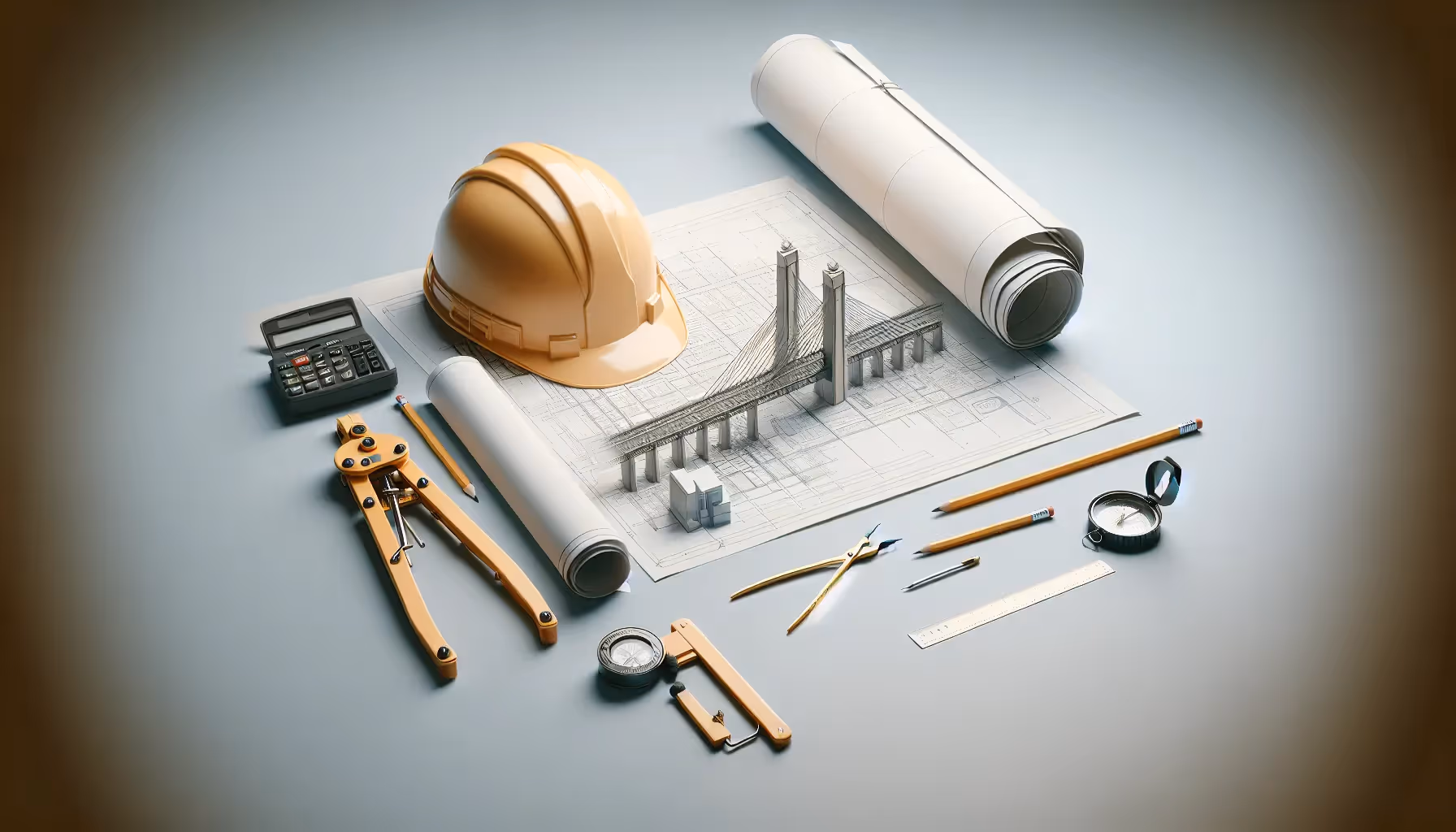 Civil engineering tools and blueprint sketches on a desk.
