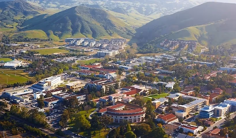Cal Poly campus aerial view on sunny day.