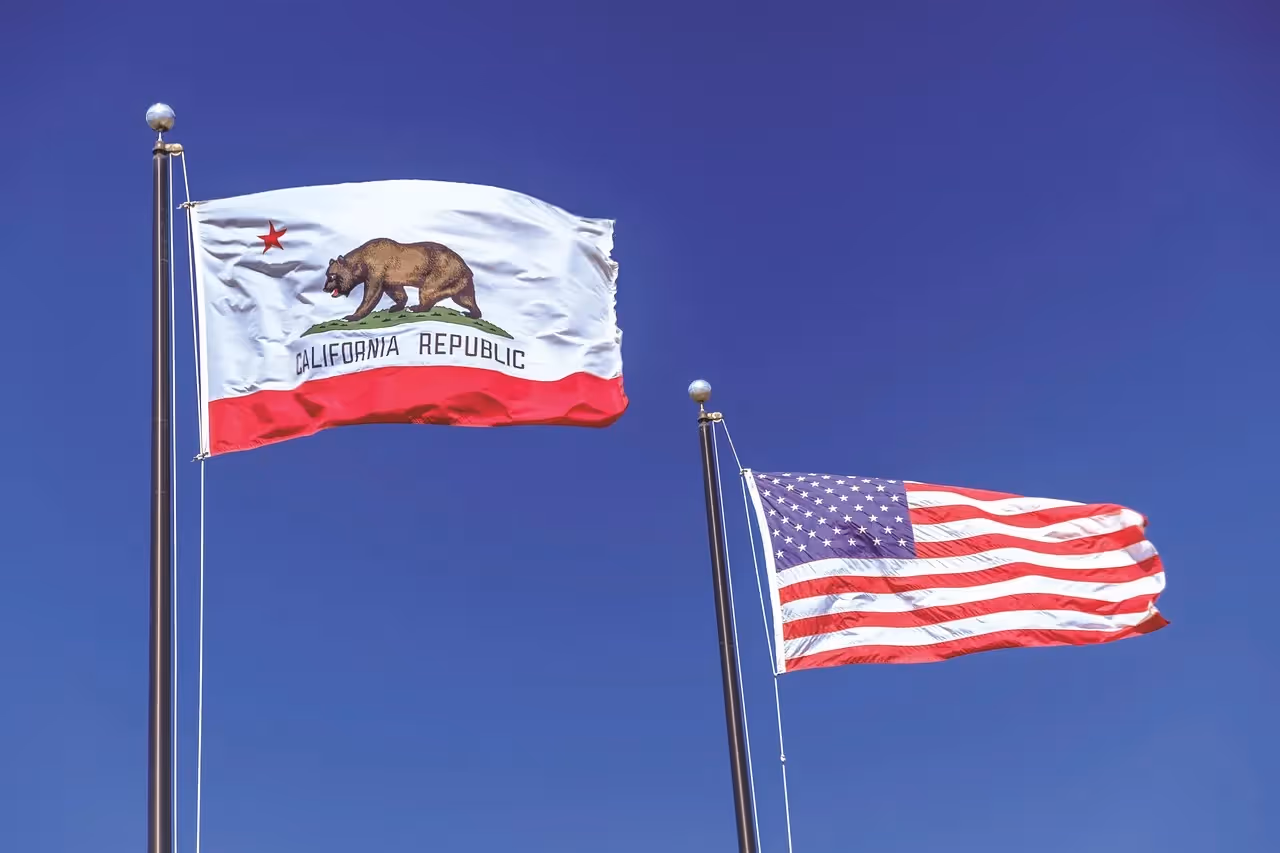 California state flag flying proudly in the wind.