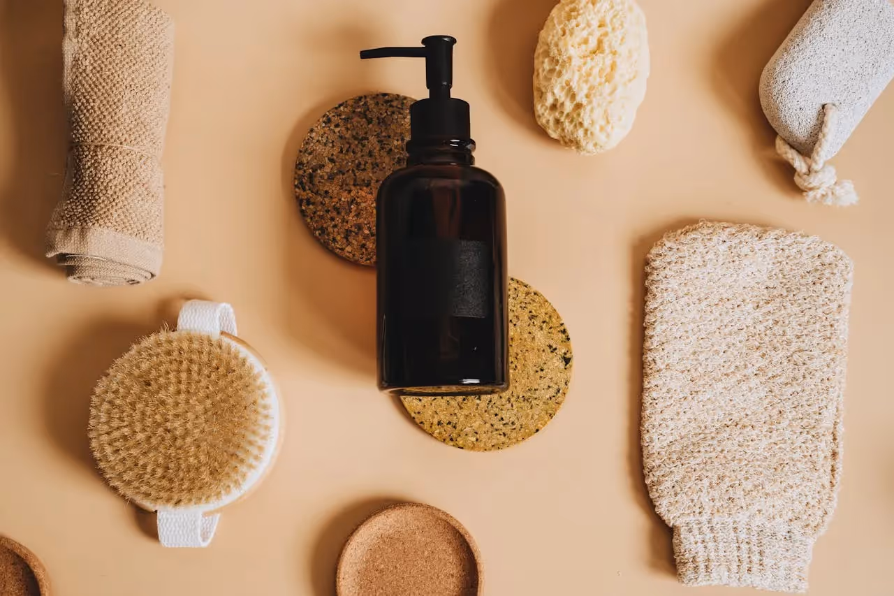 Various toiletries and personal care items such as shampoo, toothpaste, and soap.