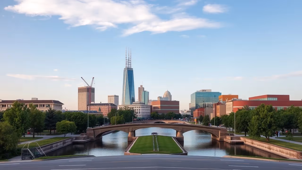 Downtown Manhattan skyline at sunset.