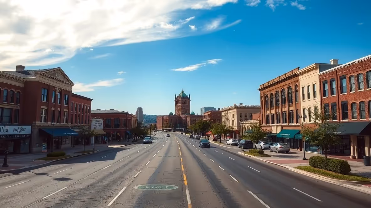 Downtown Owensboro cityscape at dusk.