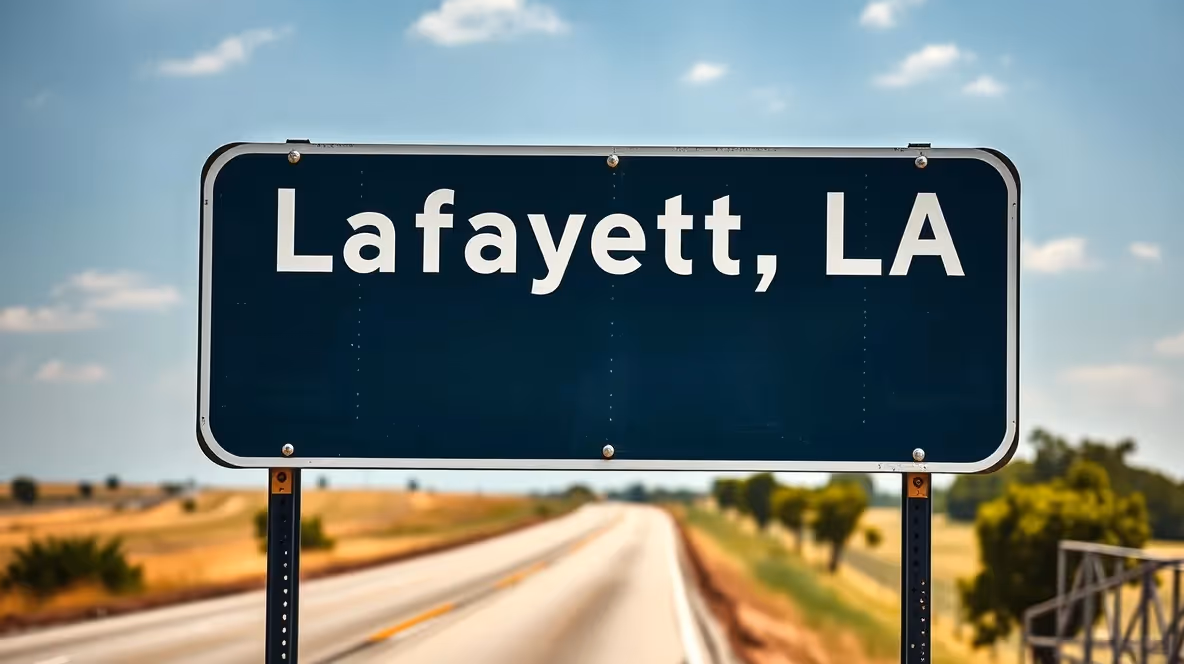 Downtown Lafayette cityscape at sunset.