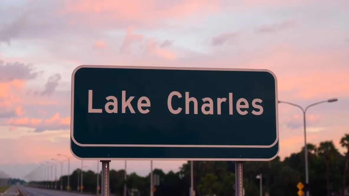 Downtown Lake Charles skyline at sunset.