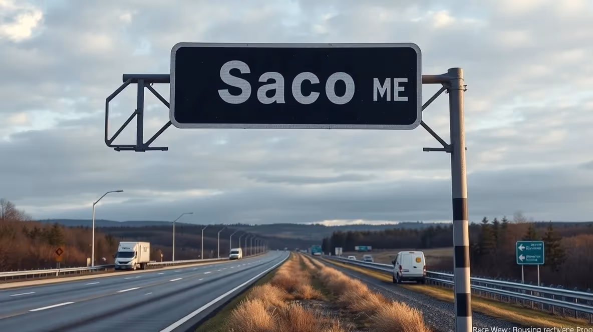 Downtown Saco cityscape at sunset.