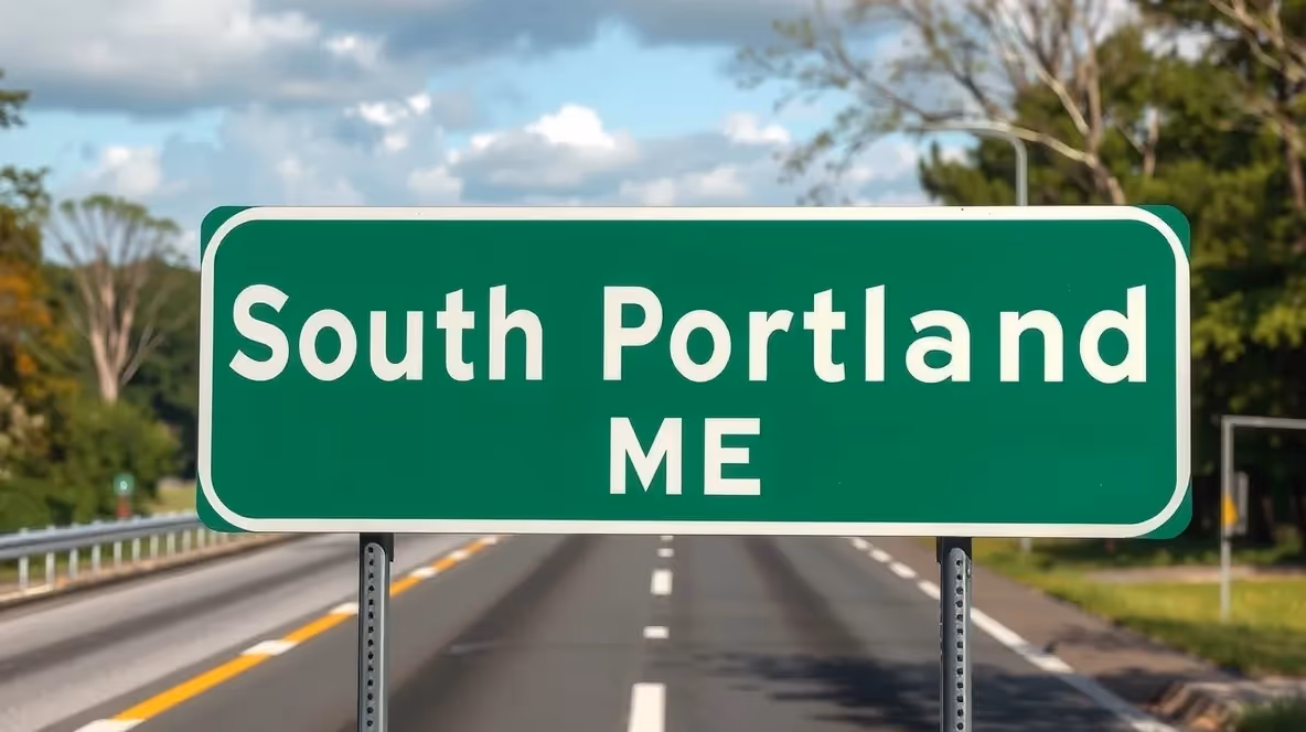 Downtown South Portland skyline at sunset.