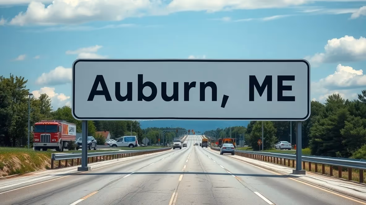 Downtown Auburn ME cityscape at sunset
