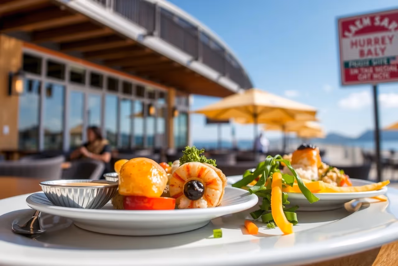 fresh seafood on a platter with lemon slices, California coastal dining