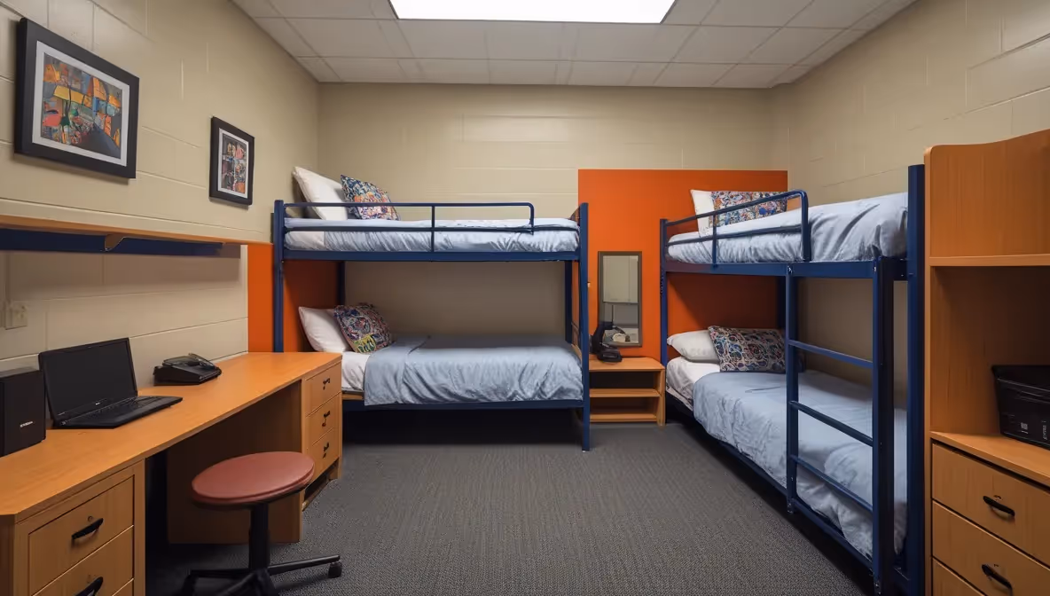 three person dorm room with bunk beds