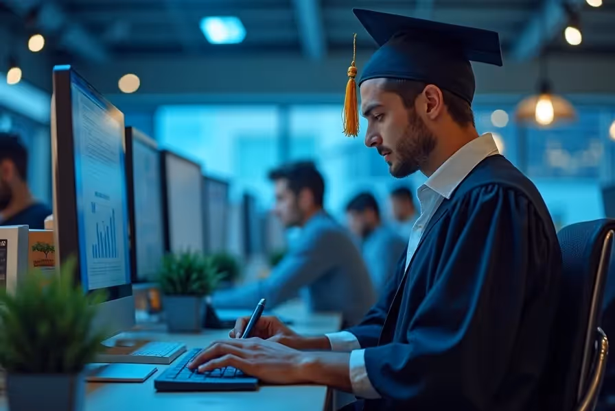 Tech degree investment concept with laptop, financial chart, and graduation cap