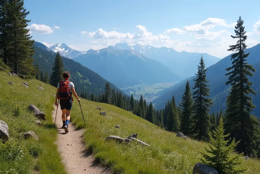 A scenic view of a mountain trail with lush green trees and clear blue skies.